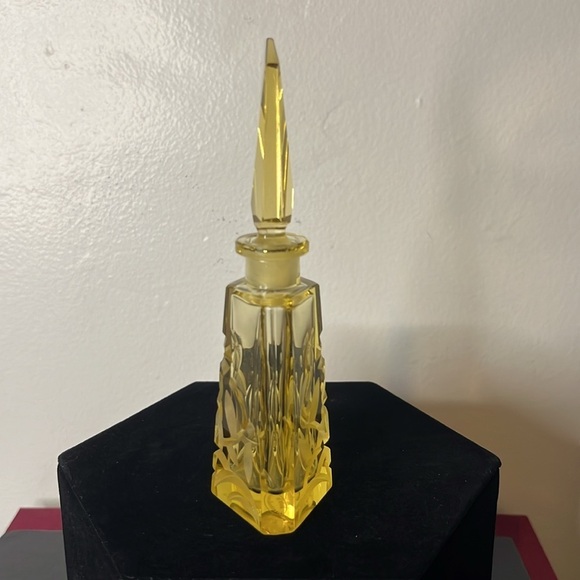 Art Deco Czechoslovakia Yellow Floral Vaseline Glowy Glass Perfume Bottle Dauber - Picture 4 of 15